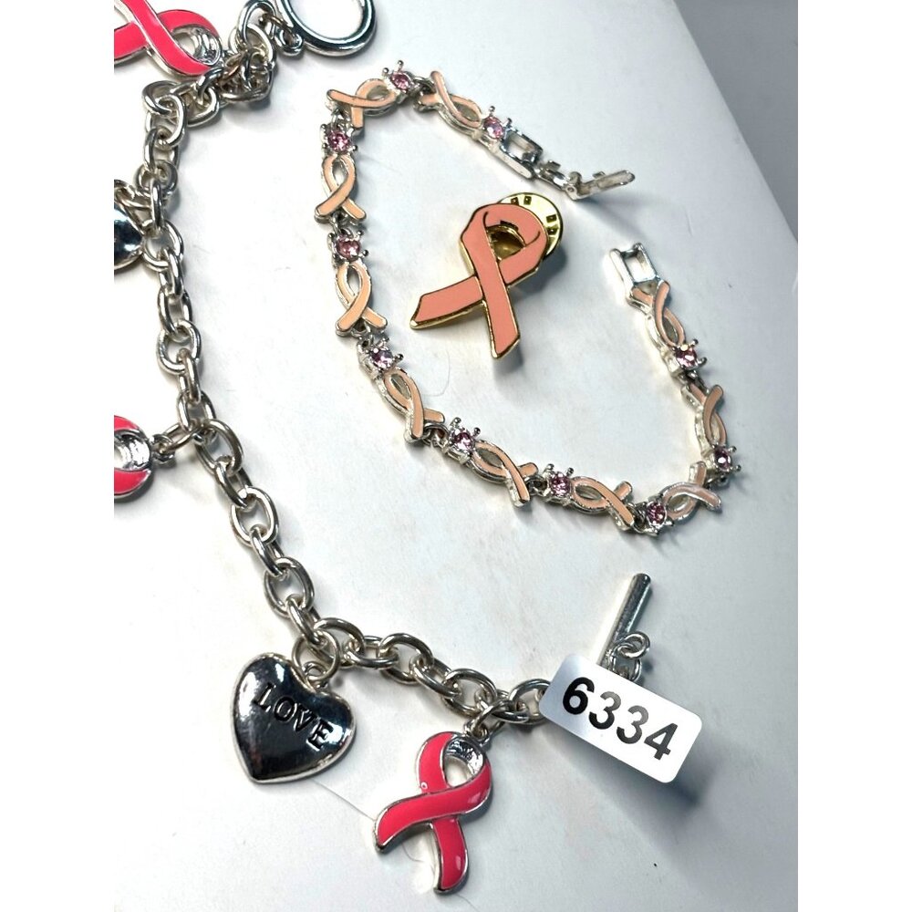 Breast Cancer Awareness Pink Ribbon Jewelry Set W/ Bracelet & Pin Silver & Pink